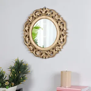 Decorative & Hand Crafted Wooden Mirror in Rich Gold Finish ( 14x14 x1), Round, Wall mounting, Framed 