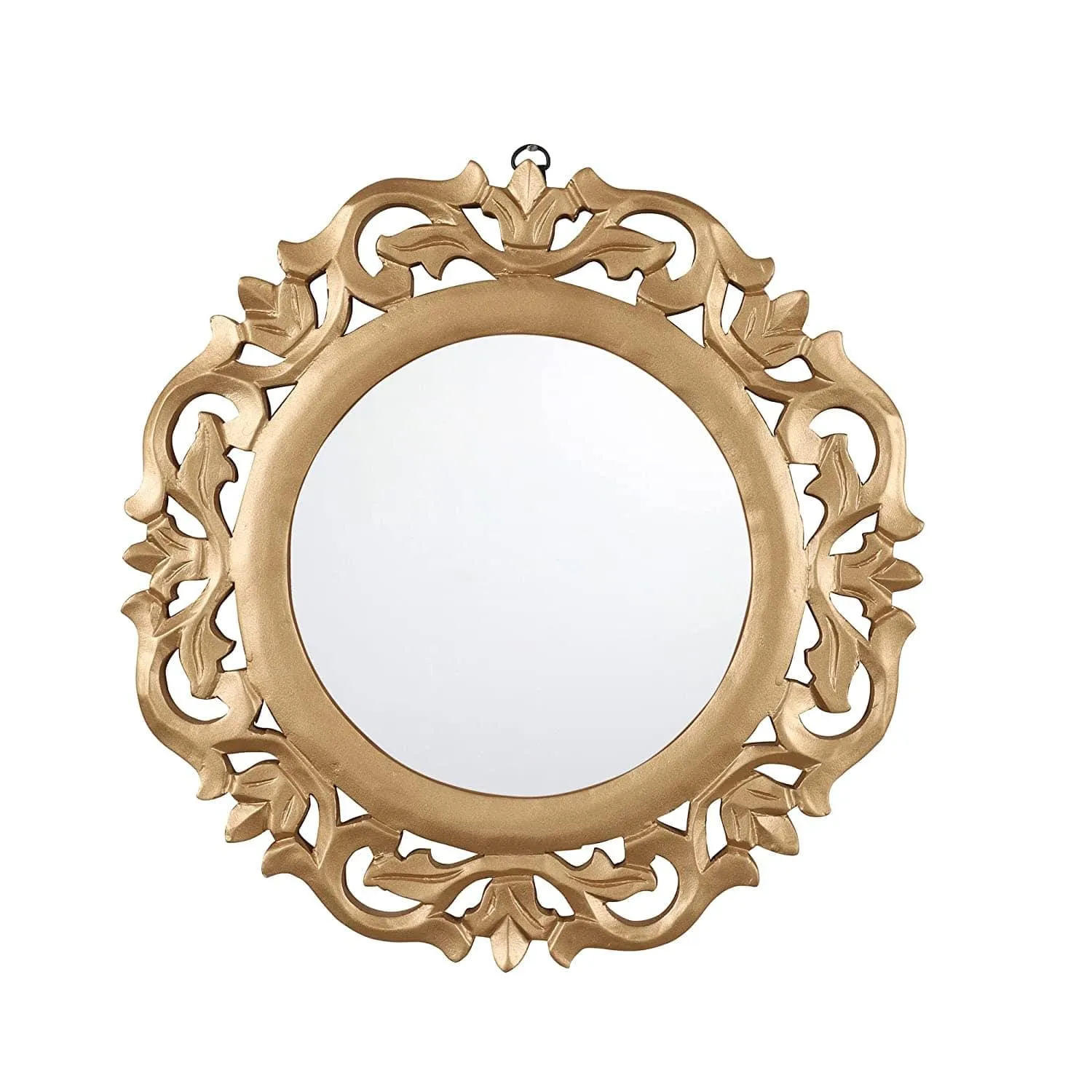 Decorative & Hand Crafted Wooden Mirror in Rich Gold Finish ( 14x14 x1), Round, Wall mounting, Framed