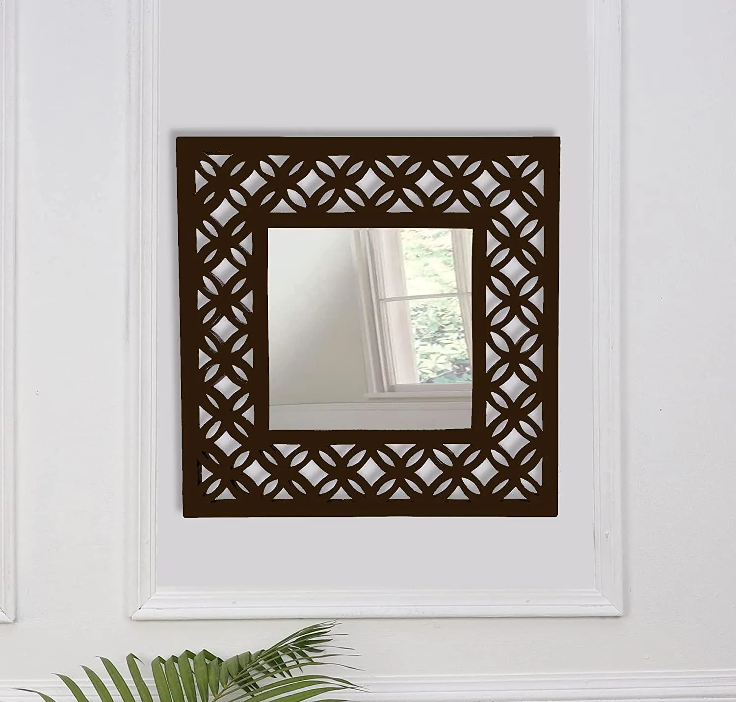 Decorative & Hand Crafted Wooden Wall Mirror in Walnut Finish ( 45 x 45 cm) 