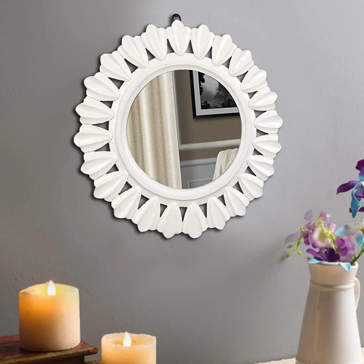 Decorative and Hand Crafted Wooden Wall Mirror in Duco White Finish - 20 x 20" 