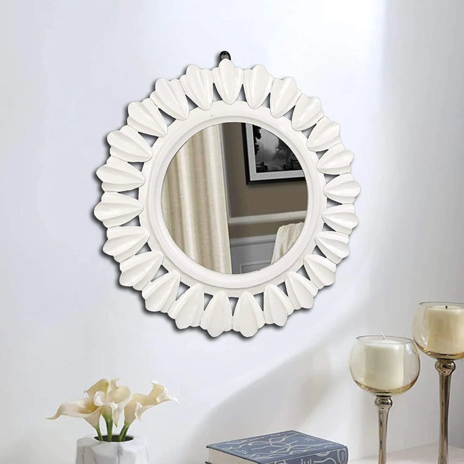 Decorative and Hand Crafted Wooden Wall Mirror in Duco White Finish - 20 x 20"