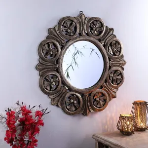 Decorative Hand Crafted Engineered Wooden Round Wall Mount Mirror Frame in Antique Gold Finish (Model: TUS-MR-50, Gold, Medium, 24 x24) 