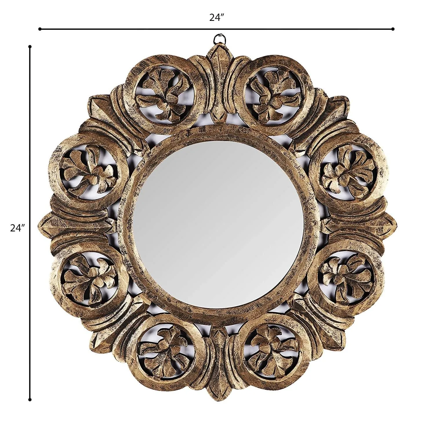 Decorative Hand Crafted Engineered Wooden Round Wall Mount Mirror Frame in Antique Gold Finish (Model: TUS-MR-50, Gold, Medium, 24 x24)