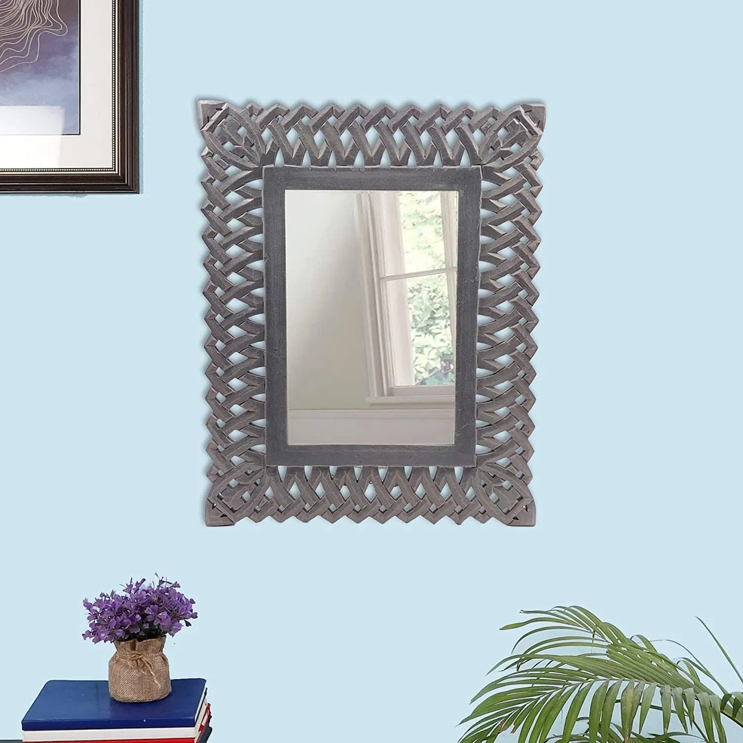 Decorative Hand Crafted Engineered Wooden Wall Mount Mirror Frame in Distressed Grey Finish - 20x16 Inch 