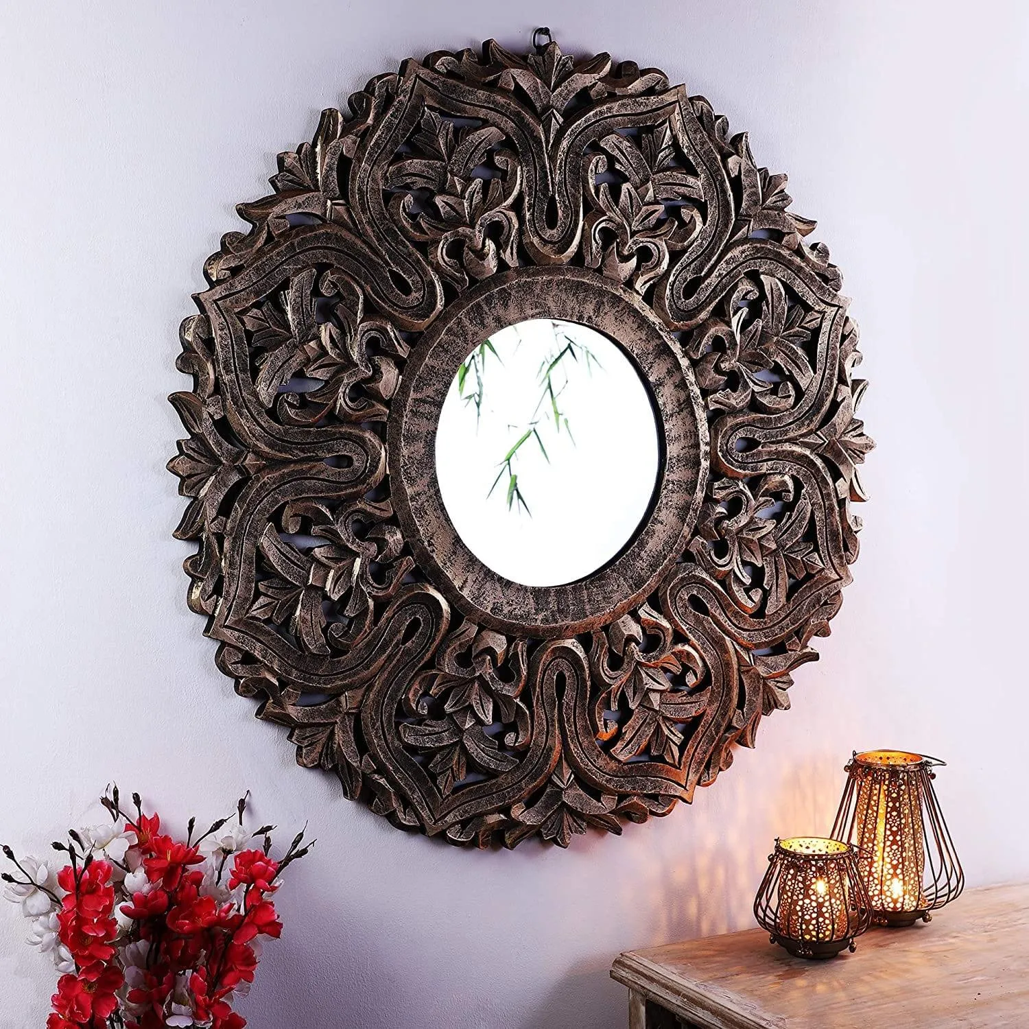 Decorative Hand Crafted Wooden Mirror Frame in Antique Gold Finish (30 x 30 Inch),
