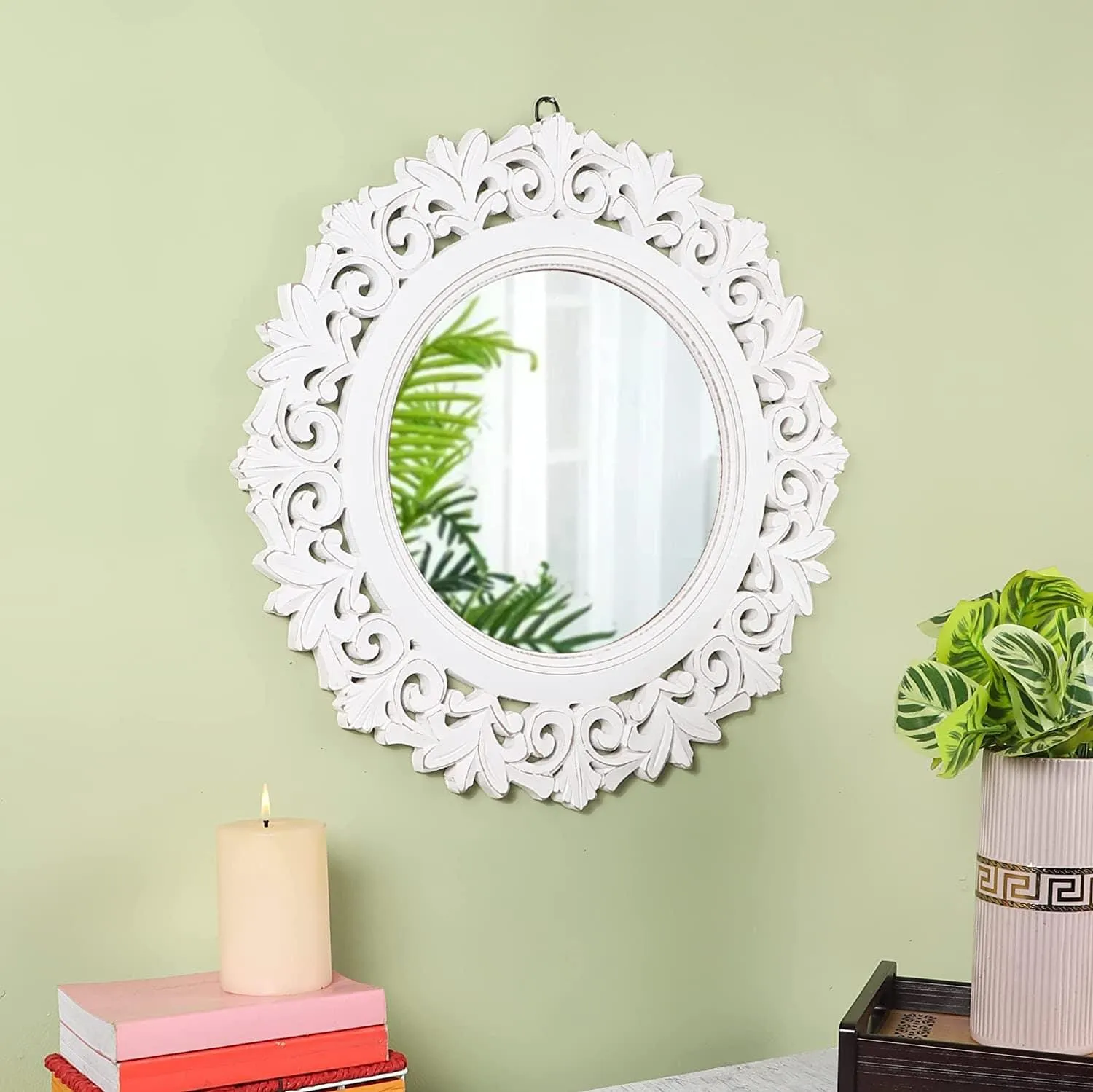 Decorative Wall Mirror for Bathroom, Living Room, White, AHMR71, 50 cm x 50 cm x 2 cm