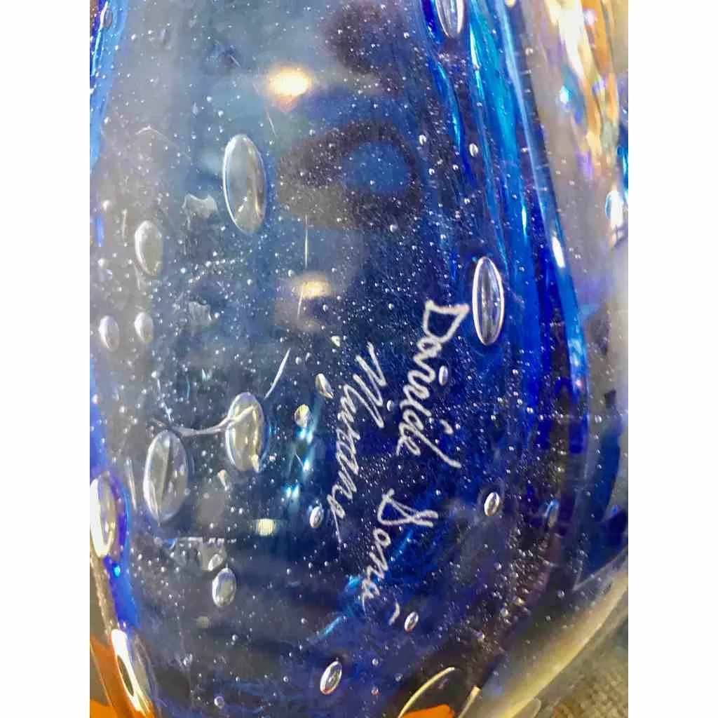 Dona Modern Art Glass Blue and Orange Sculpture Vase with Red and Yellow Murrine
