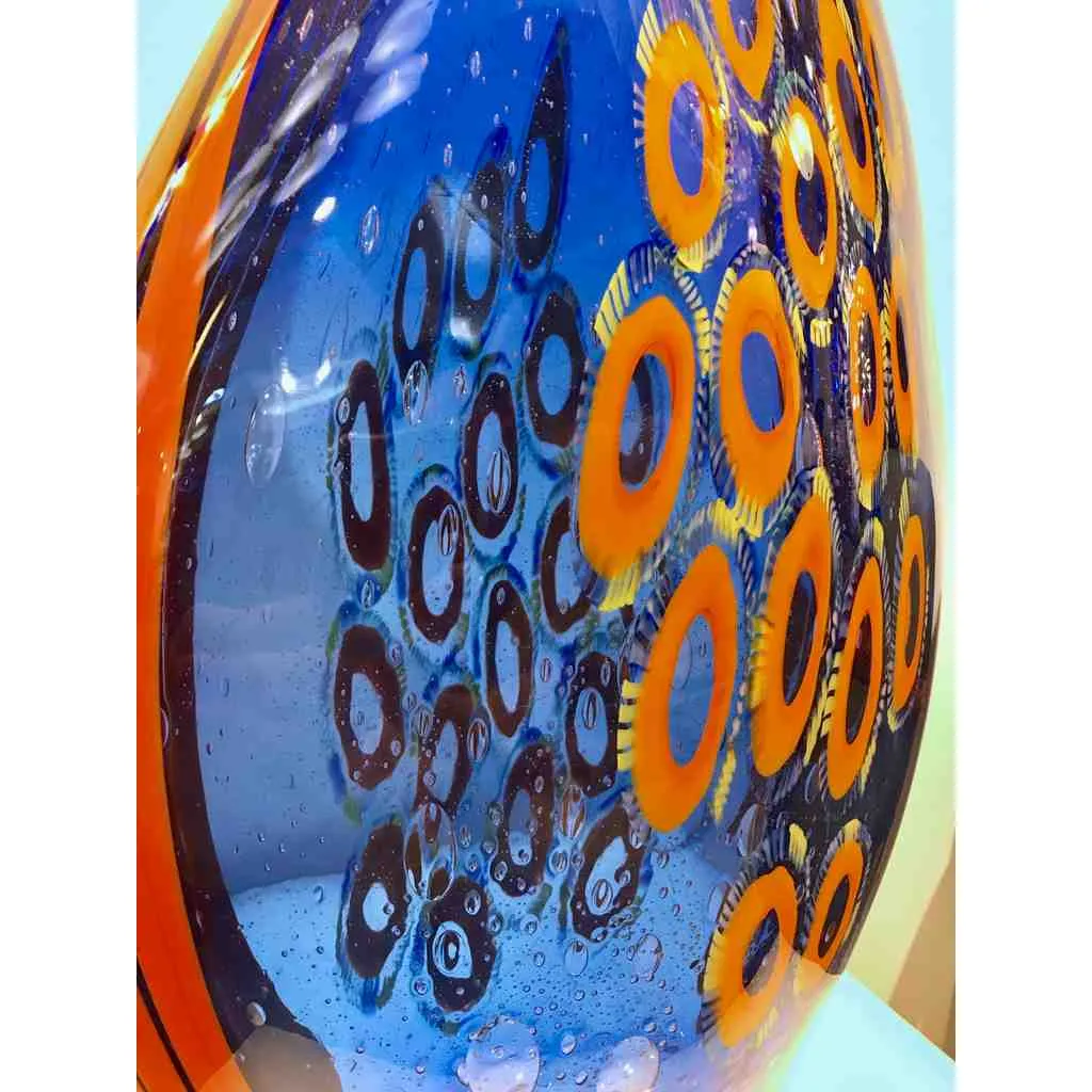Dona Modern Art Glass Blue and Orange Sculpture Vase with Red and Yellow Murrine