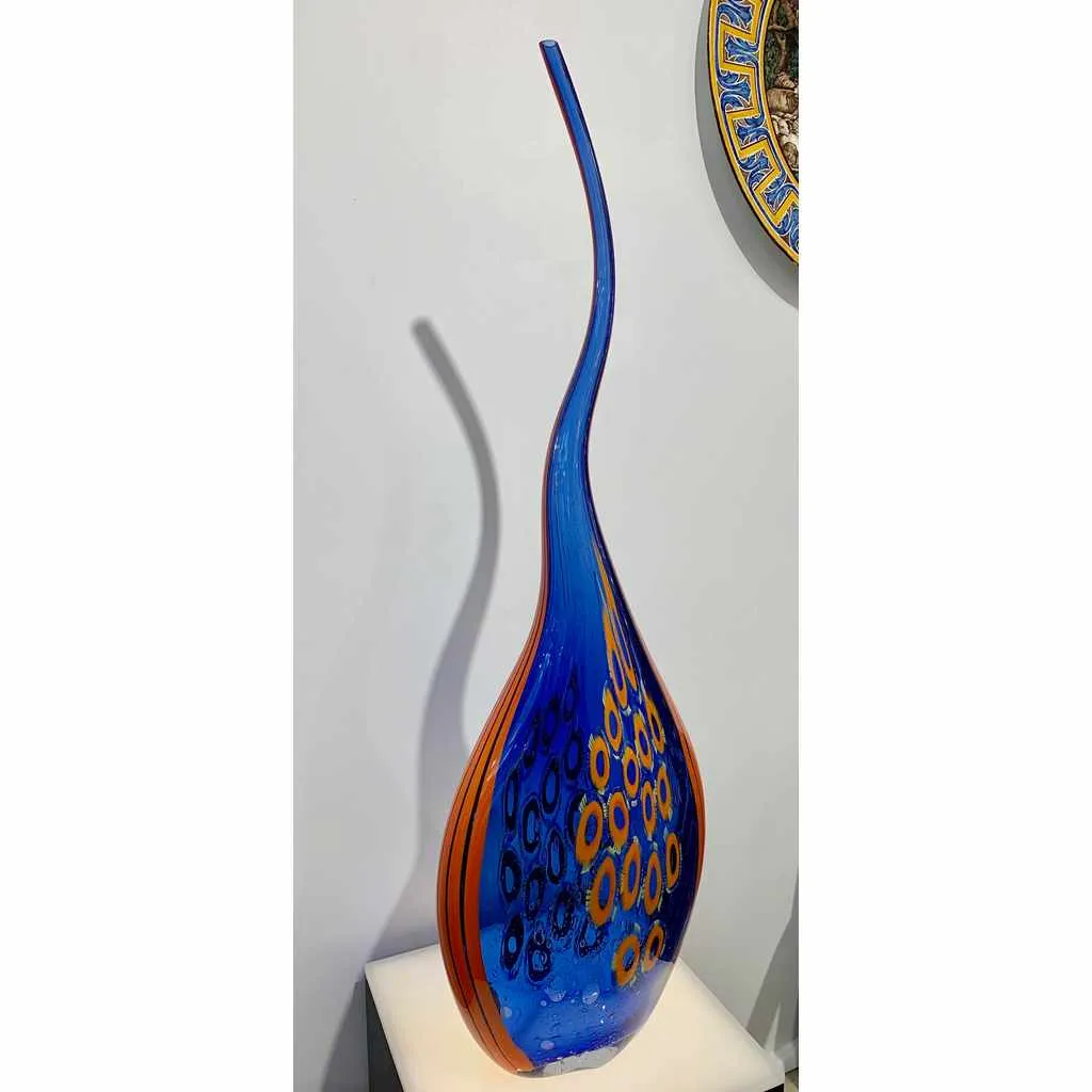 Dona Modern Art Glass Blue and Orange Sculpture Vase with Red and Yellow Murrine
