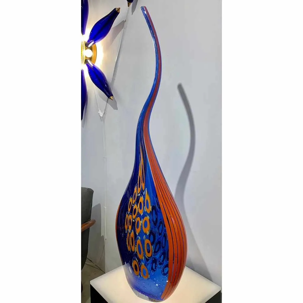 Dona Modern Art Glass Blue and Orange Sculpture Vase with Red and Yellow Murrine