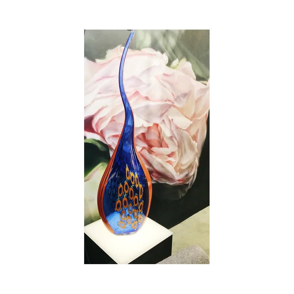 Dona Modern Art Glass Blue and Orange Sculpture Vase with Red and Yellow Murrine