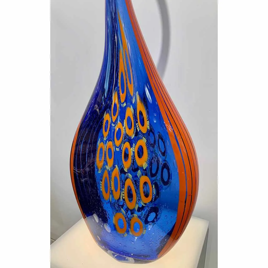 Dona Modern Art Glass Blue and Orange Sculpture Vase with Red and Yellow Murrine