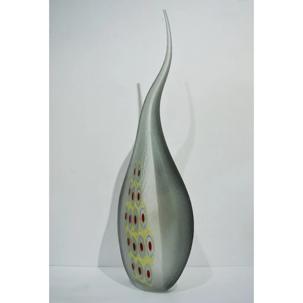 Dona Modern Art Glass Smoked Gray Sculptural Vase with Red and Yellow Murrine