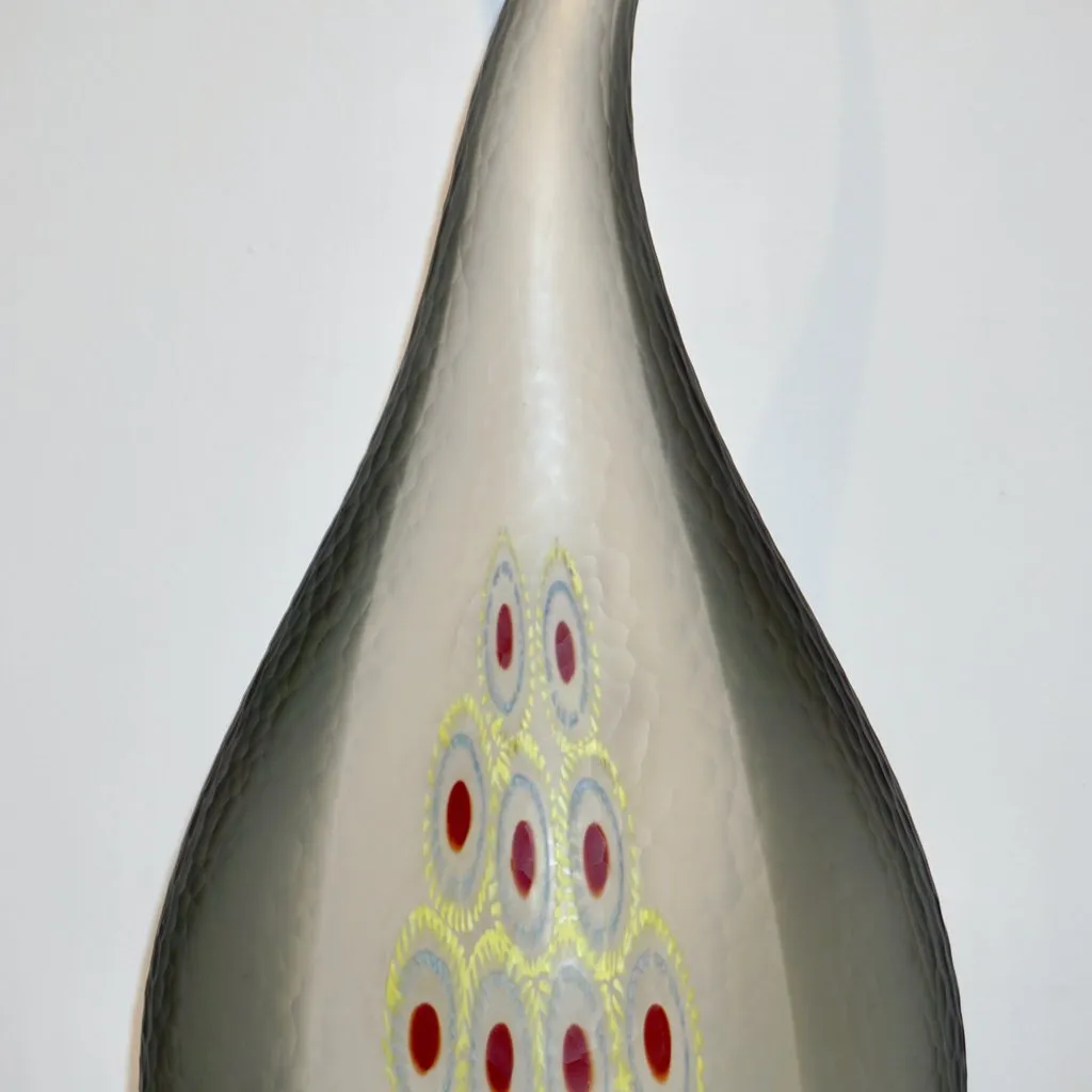 Dona Modern Art Glass Smoked Gray Sculptural Vase with Red and Yellow Murrine