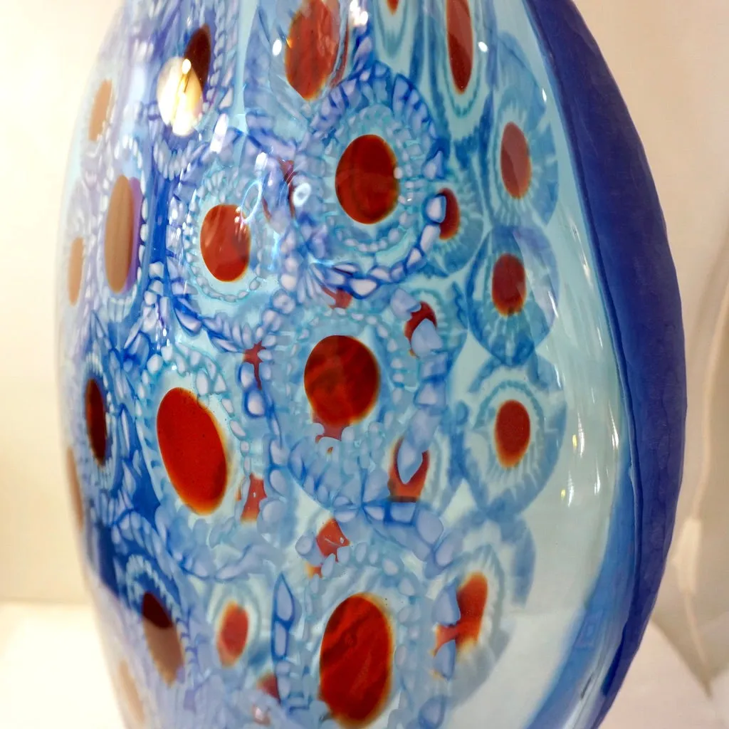 Dona Modern Art Murano Glass Sapphire Blue Sculpture Vase with Red White Murrine