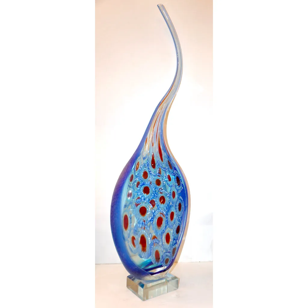 Dona Modern Art Murano Glass Sapphire Blue Sculpture Vase with Red White Murrine