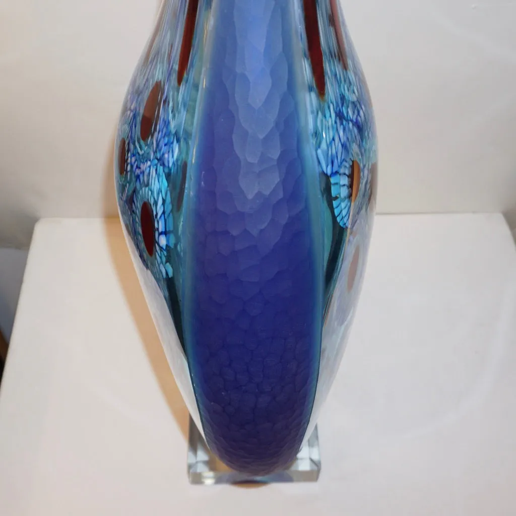 Dona Modern Art Murano Glass Sapphire Blue Sculpture Vase with Red White Murrine