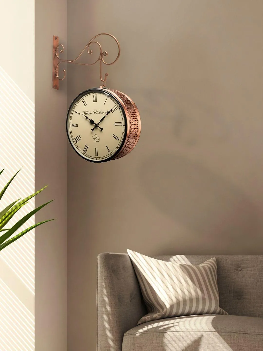 Double Sided Copper Jali Station Wall Clock 10 Inches 