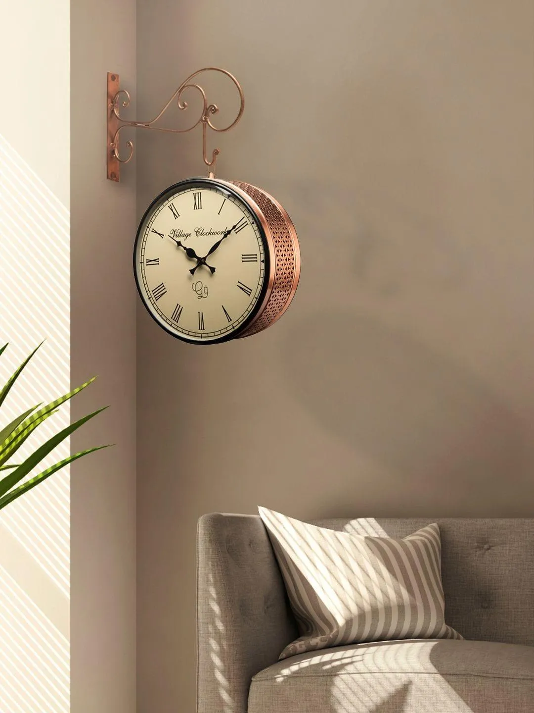 Double Sided Copper Jali Station Wall Clock 12 Inches 