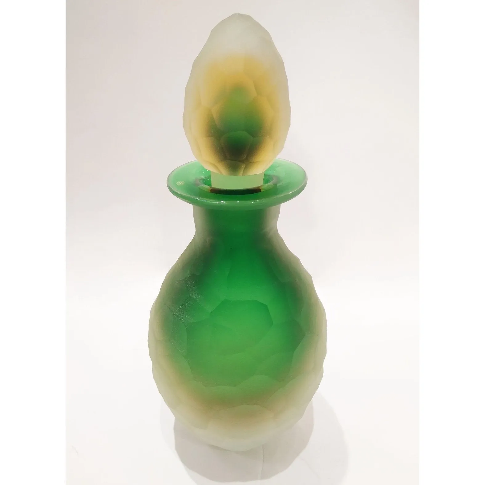 Early 1900s Antique Italian Crystal Green Yellow Layered Murano Glass Bottle 