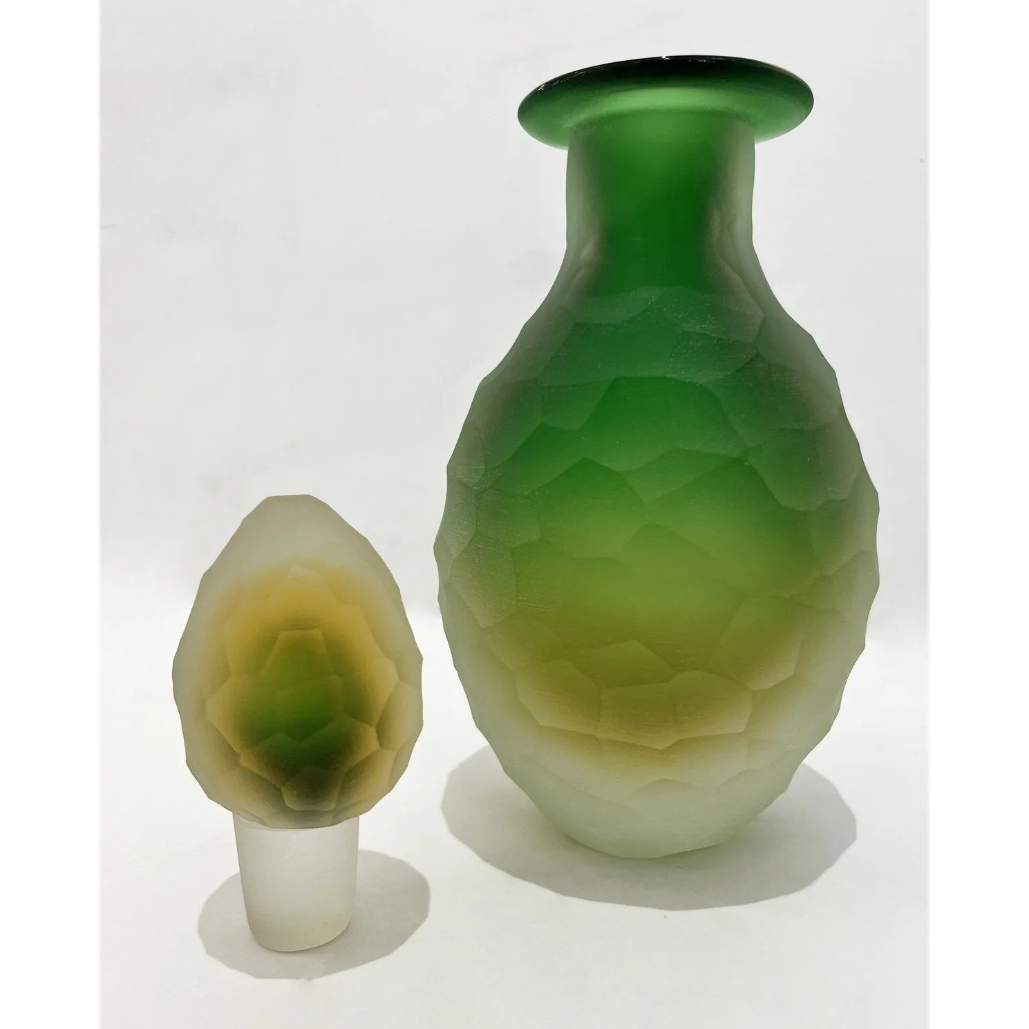 Early 1900s Antique Italian Crystal Green Yellow Layered Murano Glass Bottle