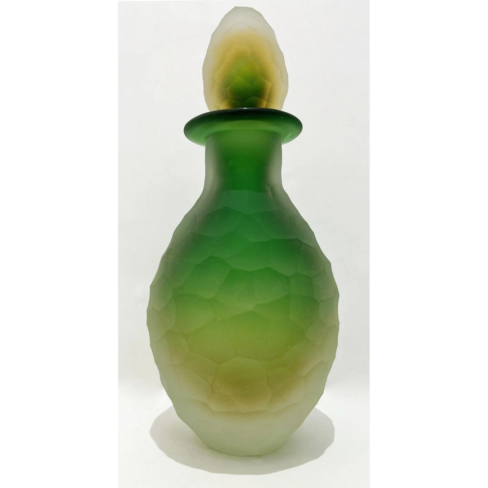 Early 1900s Antique Italian Crystal Green Yellow Layered Murano Glass Bottle