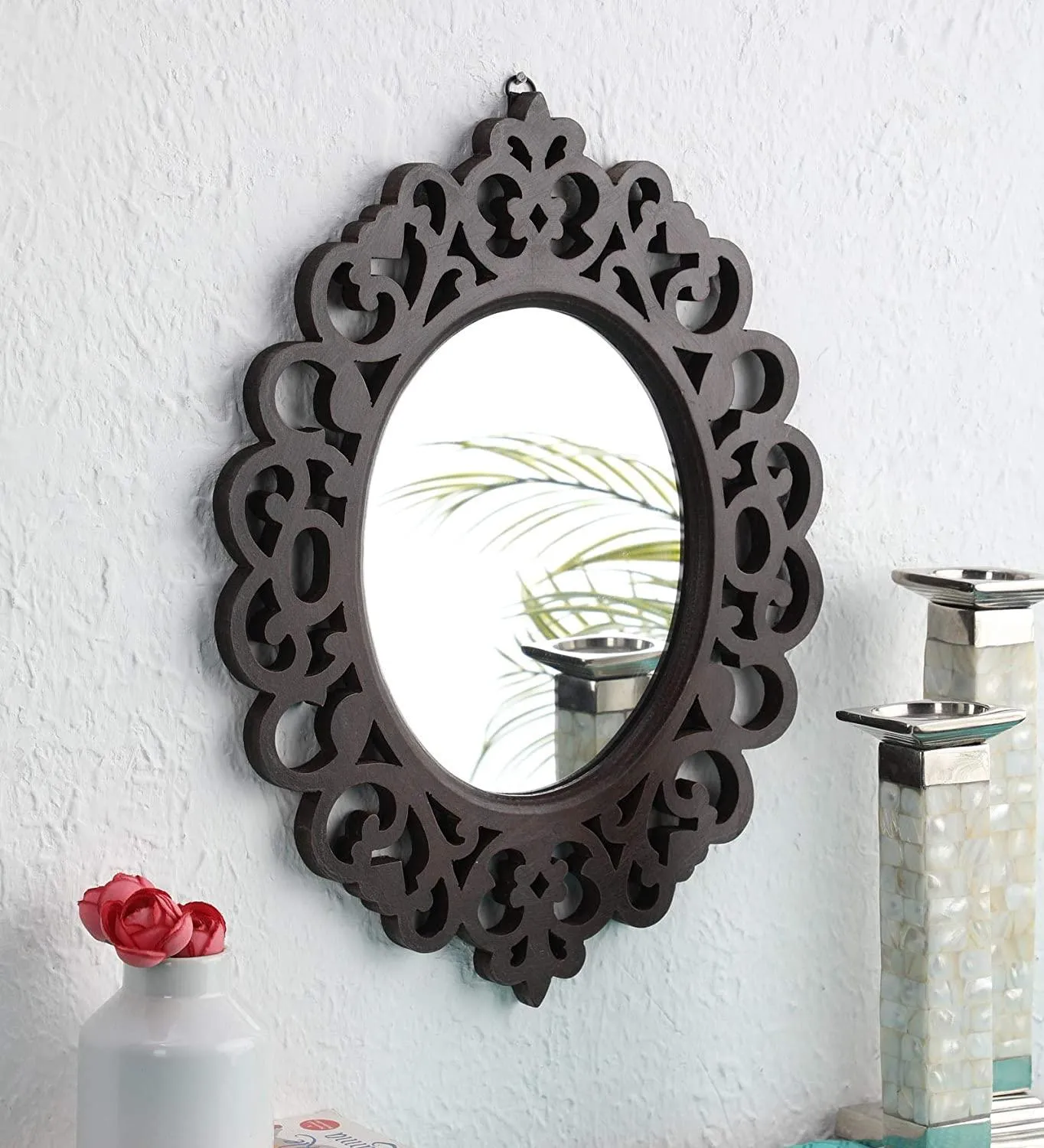 Engineered Wood Oval Decorative Wall Mount Mirror (18 x 14 inch, Brown), Model: TUS-MR-47, Framed 
