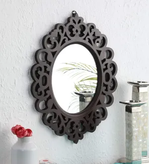 Engineered Wood Oval Decorative Wall Mount Mirror (18 x 14 inch, Brown), Model: TUS-MR-47, Framed 