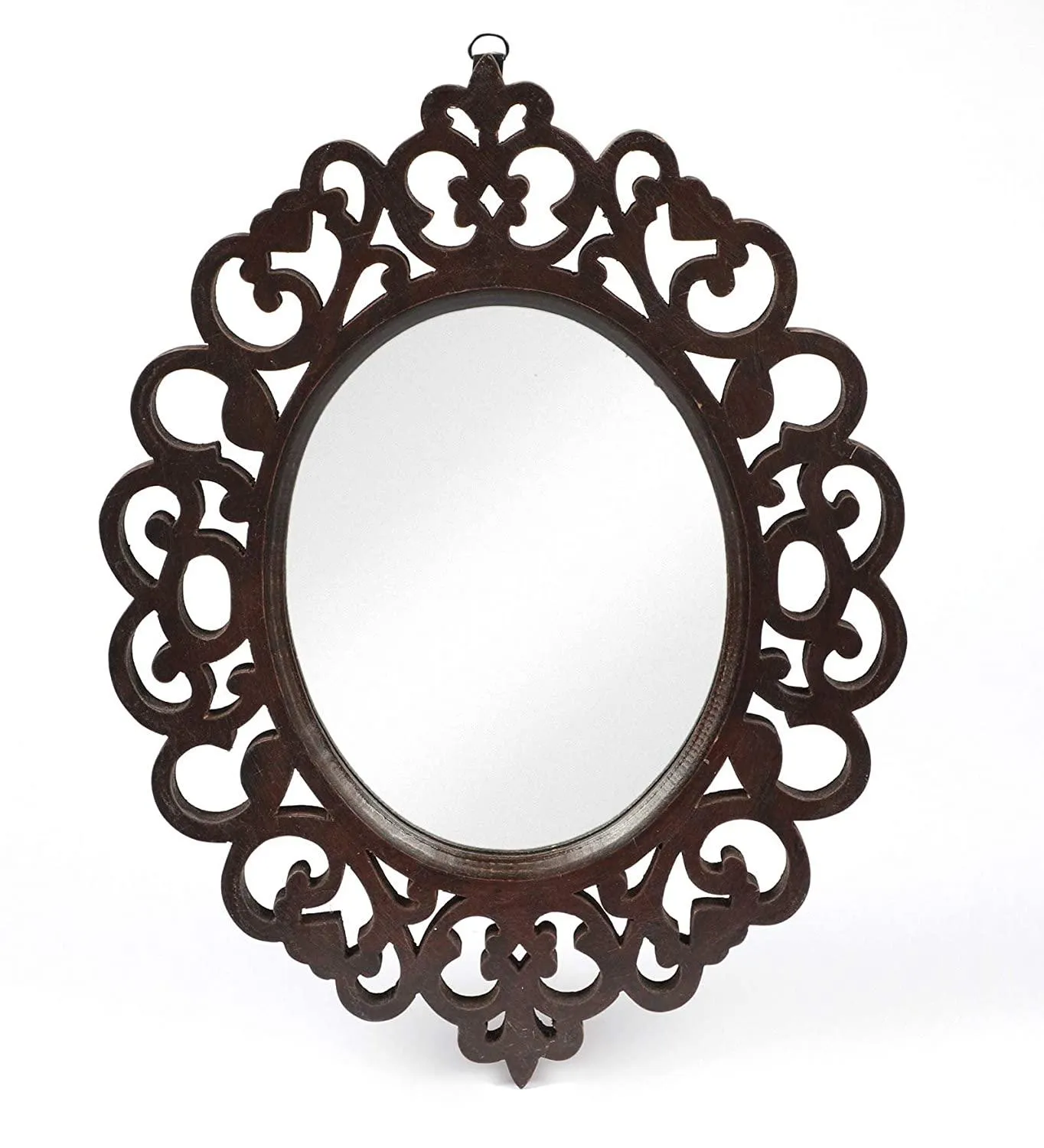 Engineered Wood Oval Decorative Wall Mount Mirror (18 x 14 inch, Brown), Model: TUS-MR-47, Framed