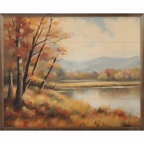 Fall Scene By Lake Wood Framed Print 