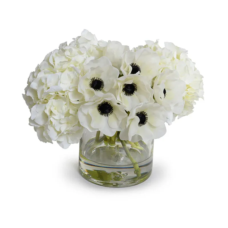 Faux Anemone & Hydrangea Bouquet in Glass Vase 