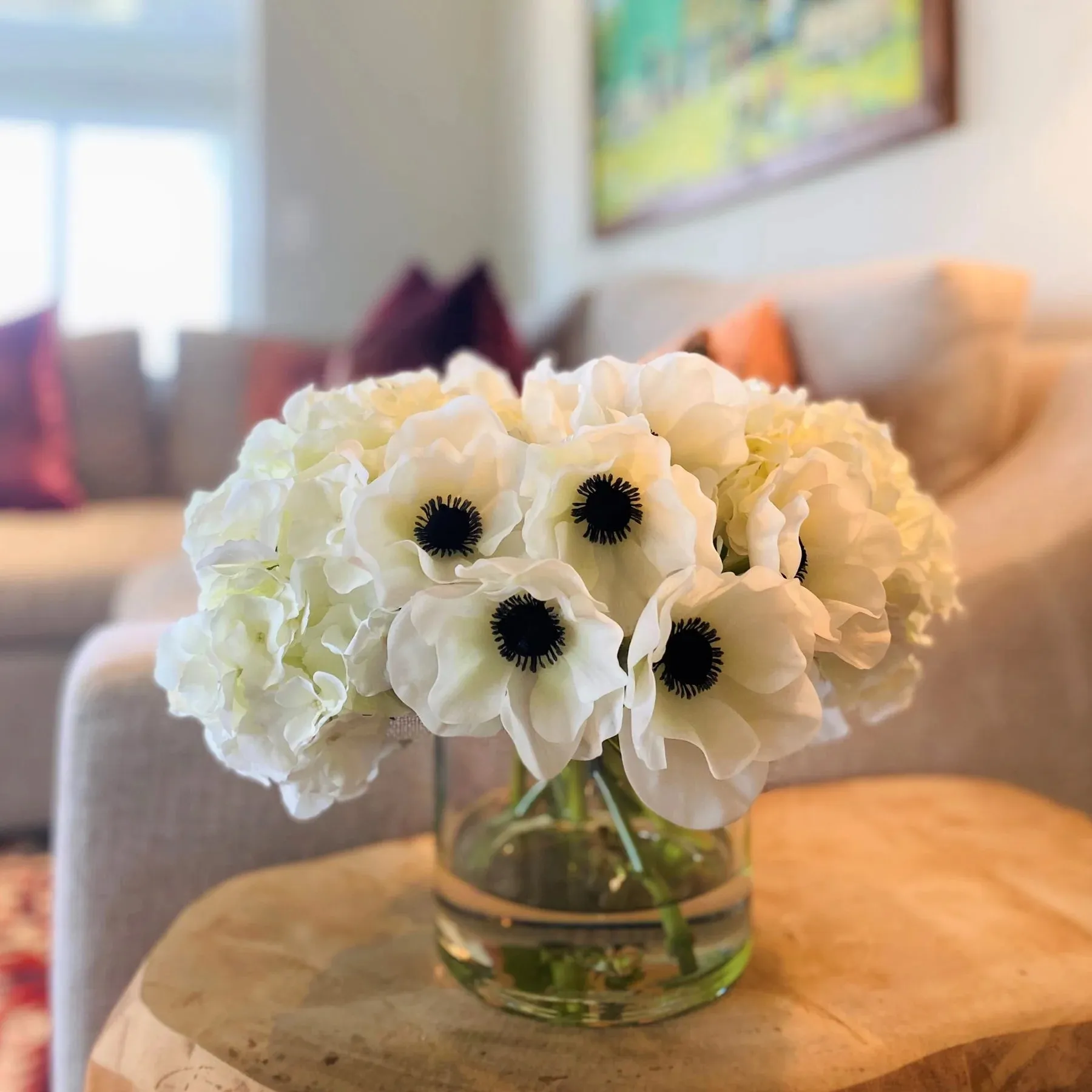 Faux Anemone & Hydrangea Bouquet in Glass Vase