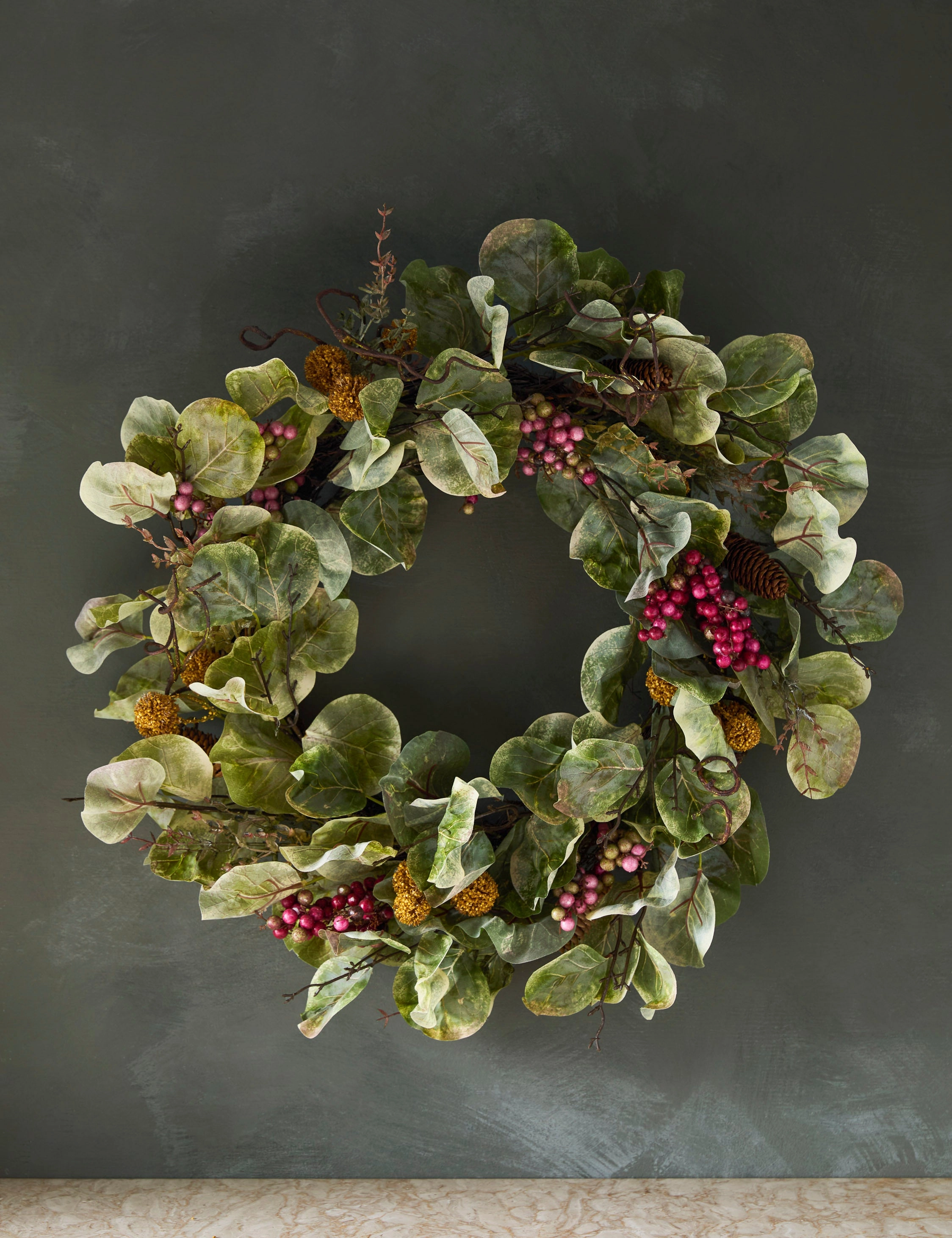 Faux Zanzibar Leaf with Berries Wreath 