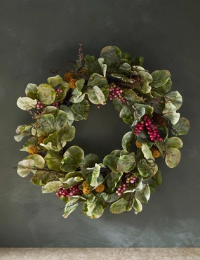 Faux Zanzibar Leaf with Berries Wreath 
