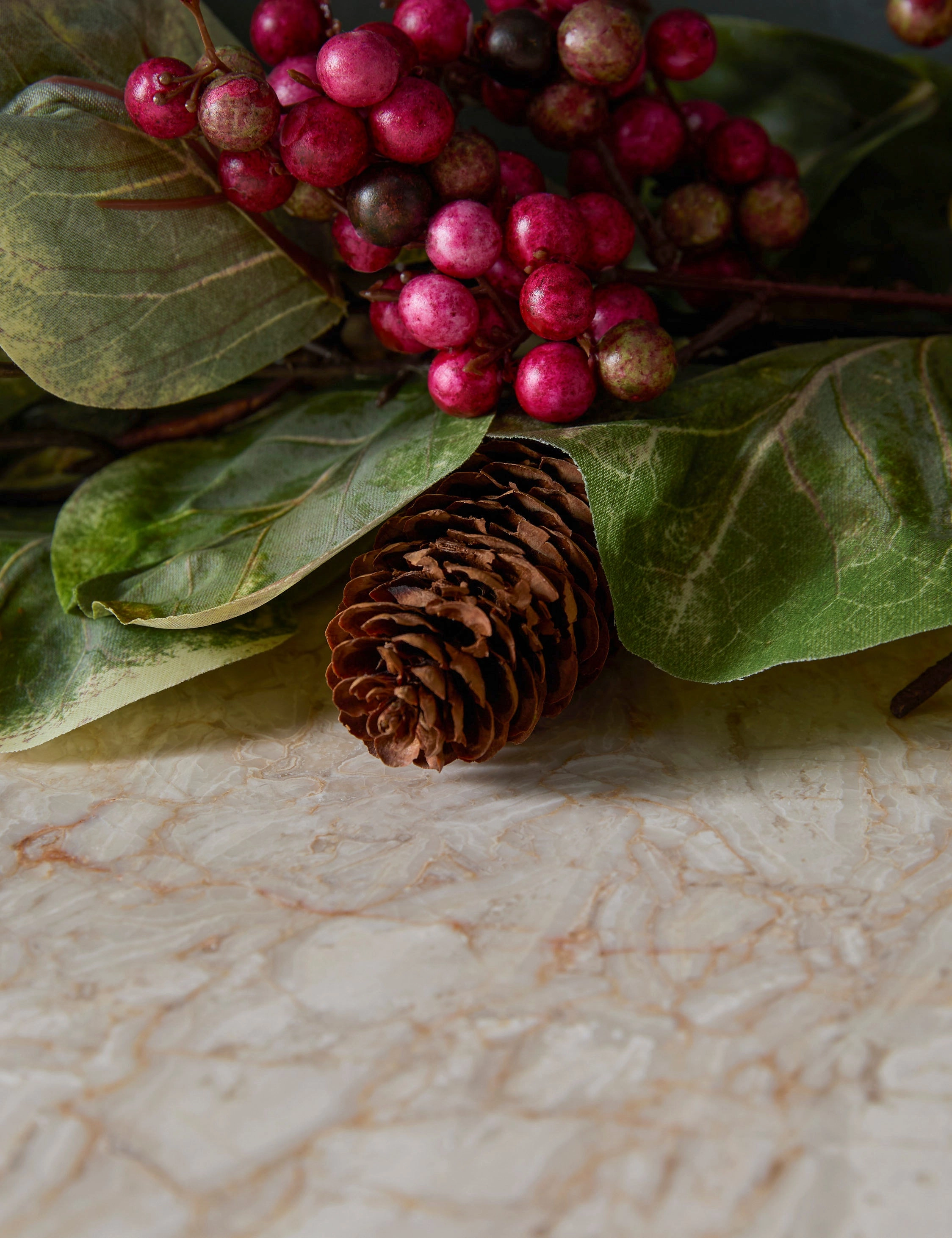 Faux Zanzibar Leaf with Pinecones & Berries Garland