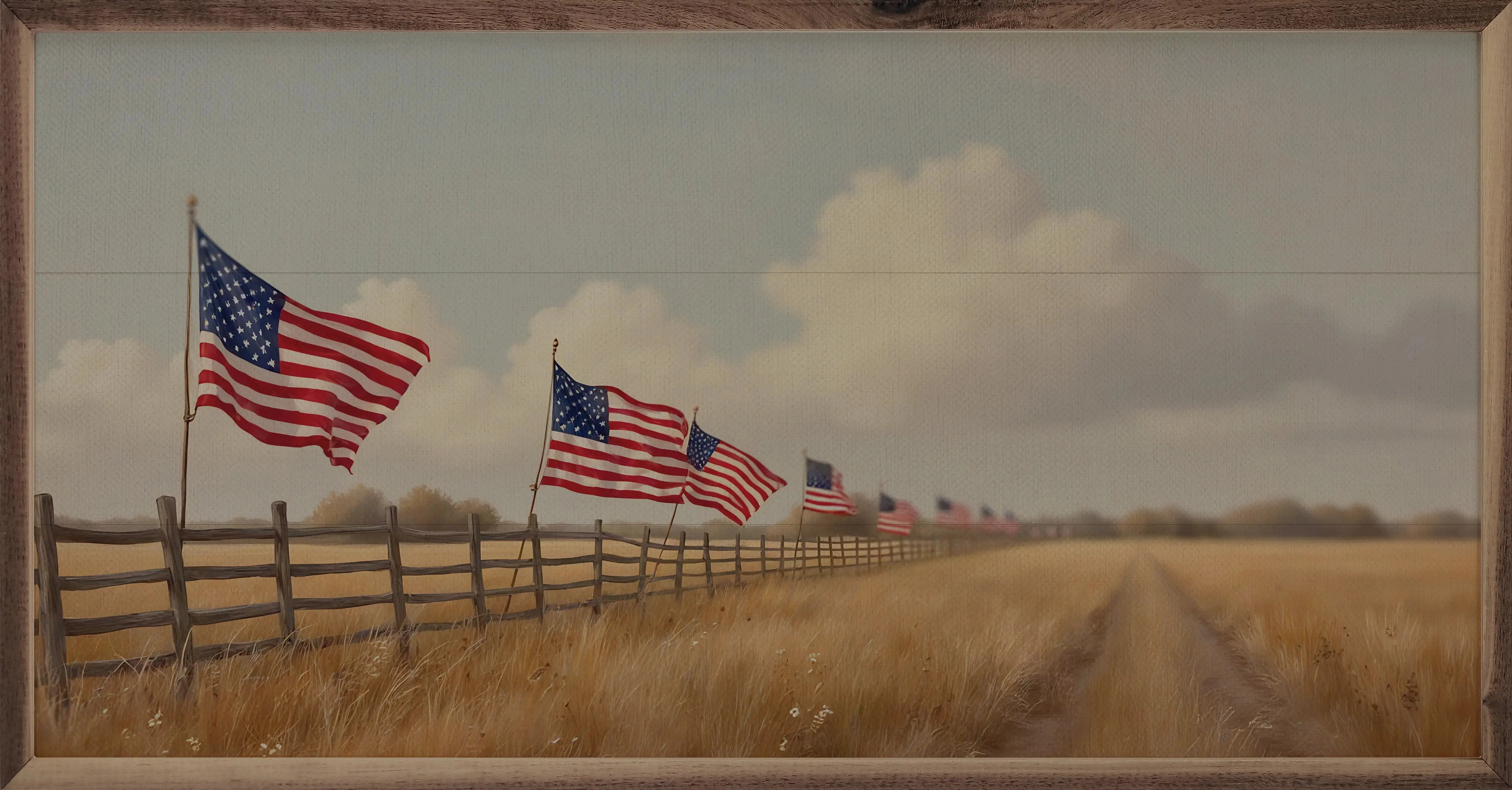 Flags On Fenceline Wood Framed Print