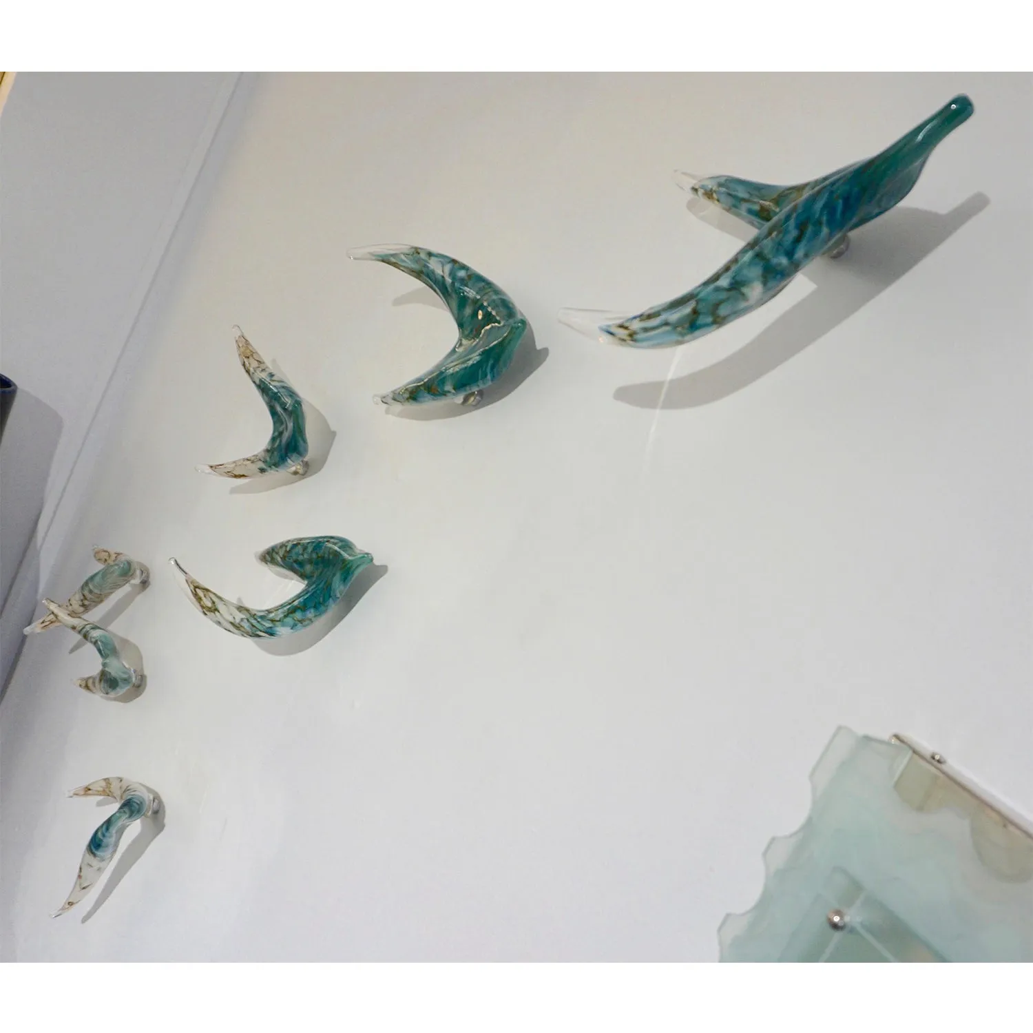 Flight of Aquamarine Birds Contemporary Blown Glass Modern Art Wall Sculpture