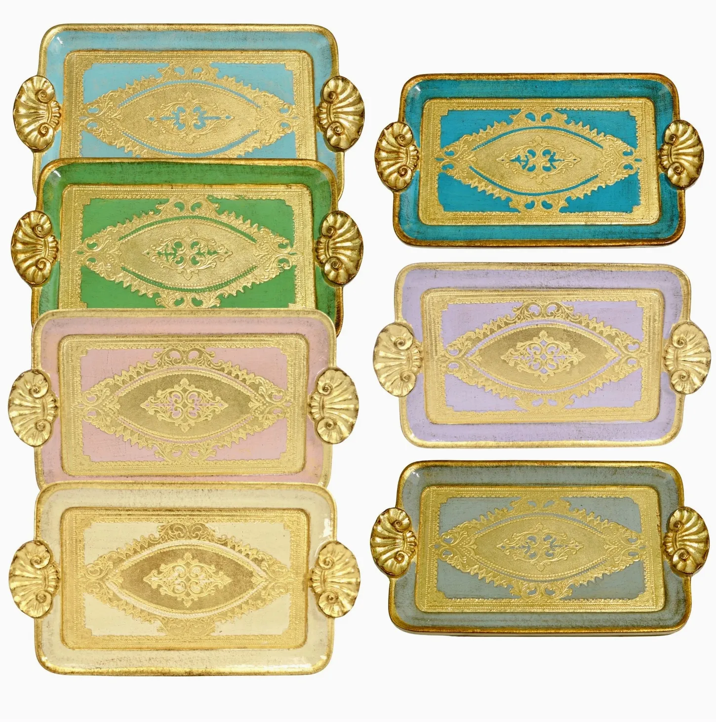 Florentine Carved Wood Rectangle Mini Tray with Shell Handles 