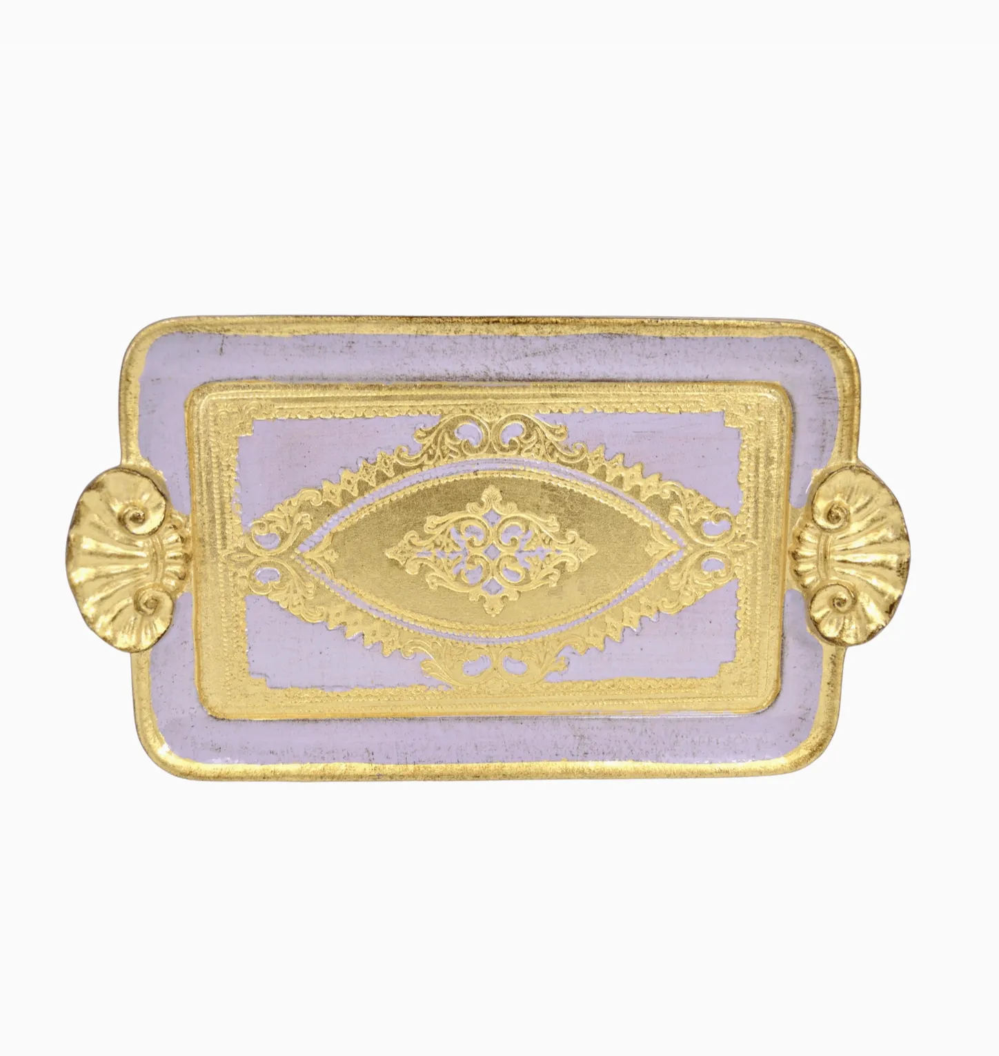 Florentine Carved Wood Rectangle Mini Tray with Shell Handles