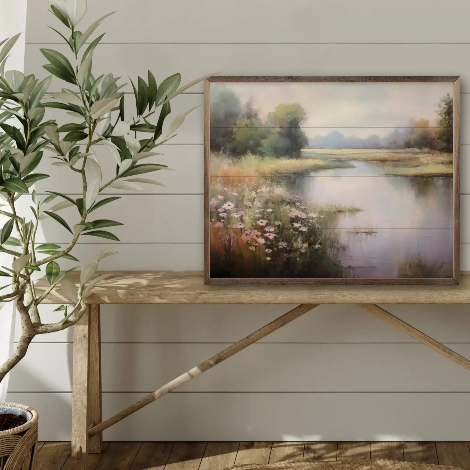 Flower Lined Lake Wood Framed Print 