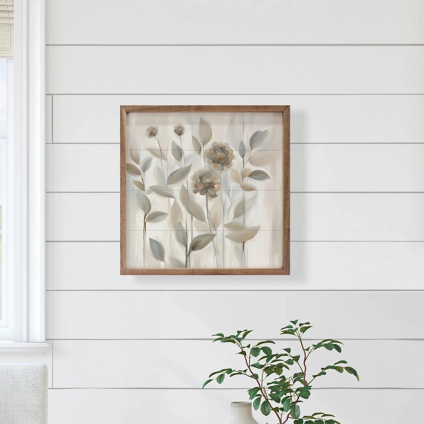Flowers In Tan Wood Framed Print