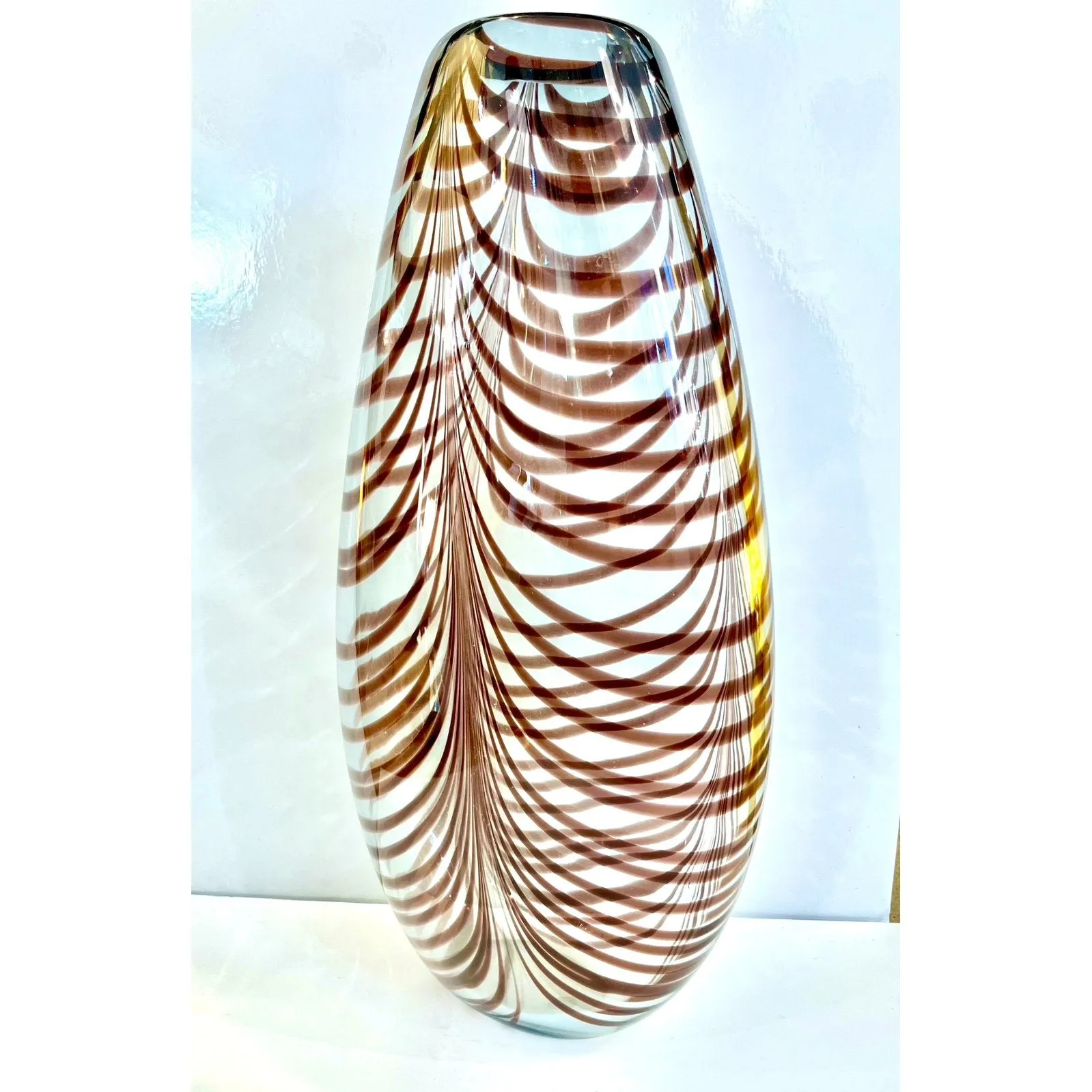 Formia 1970s Feather Decorated Purple Brown Crystal Murano Art Glass Vase