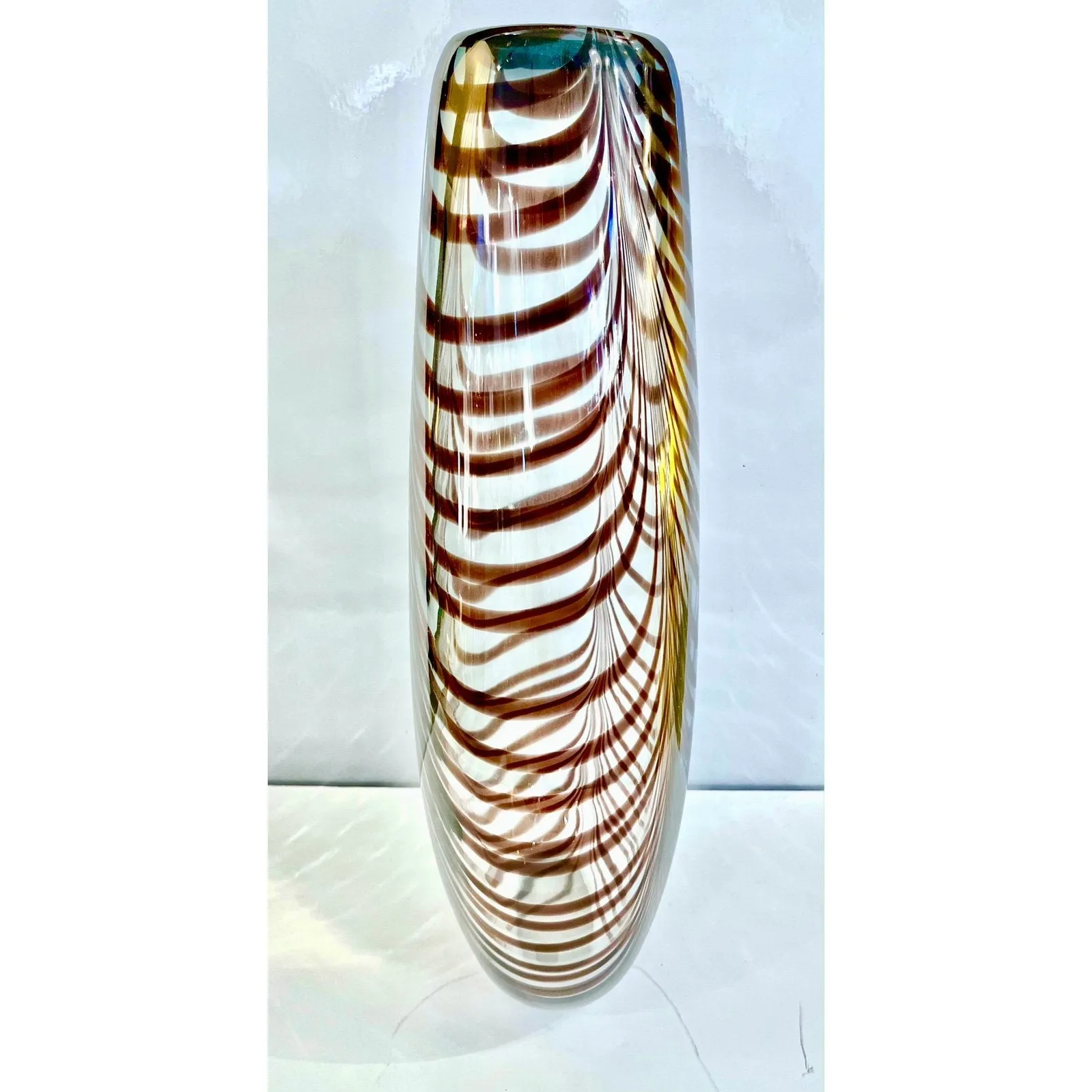 Formia 1970s Feather Decorated Purple Brown Crystal Murano Art Glass Vase