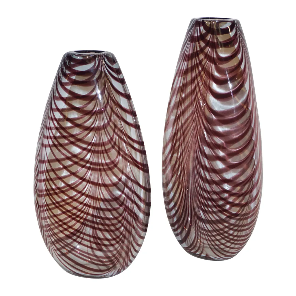 Formia 1970s Two Feather Decorated Purple Brown & Crystal Murano Art Glass Vases