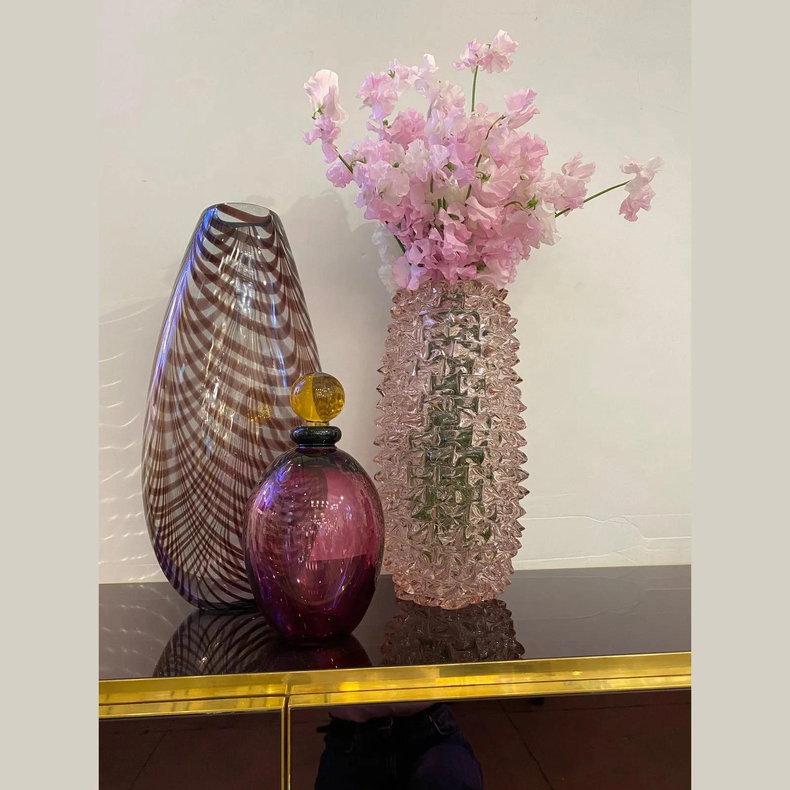 Formia 1970s Two Feather Decorated Purple Brown & Crystal Murano Art Glass Vases
