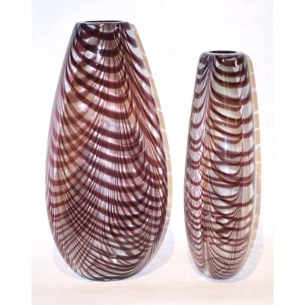 Formia 1970s Two Feather Decorated Purple Brown & Crystal Murano Art Glass Vases