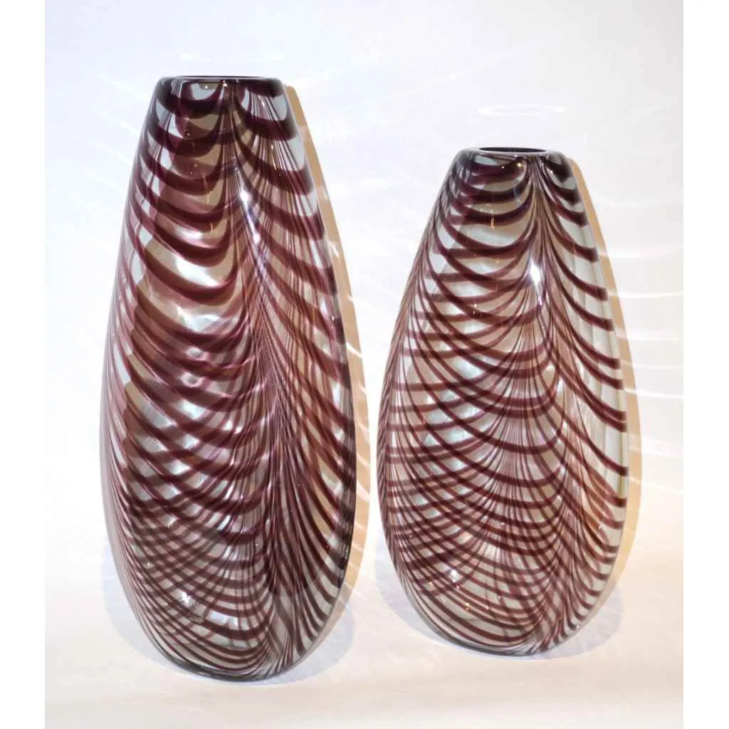 Formia 1970s Two Feather Decorated Purple Brown & Crystal Murano Art Glass Vases