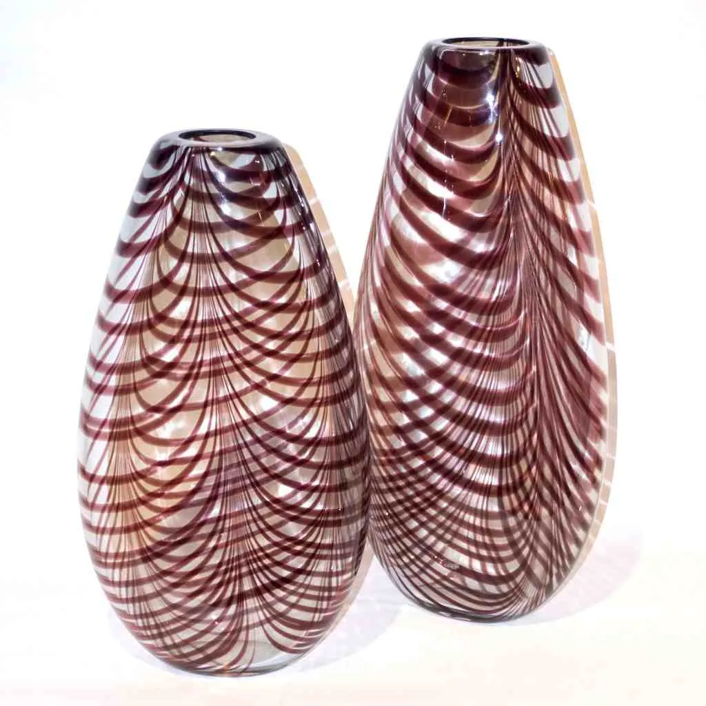 Formia 1970s Two Feather Decorated Purple Brown & Crystal Murano Art Glass Vases 
