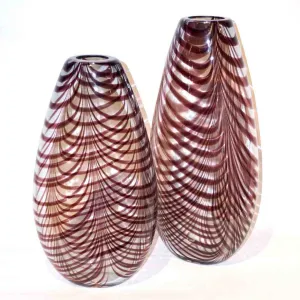 Formia 1970s Two Feather Decorated Purple Brown & Crystal Murano Art Glass Vases 