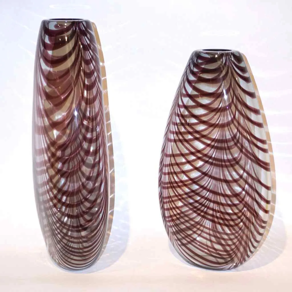 Formia 1970s Two Feather Decorated Purple Brown & Crystal Murano Art Glass Vases